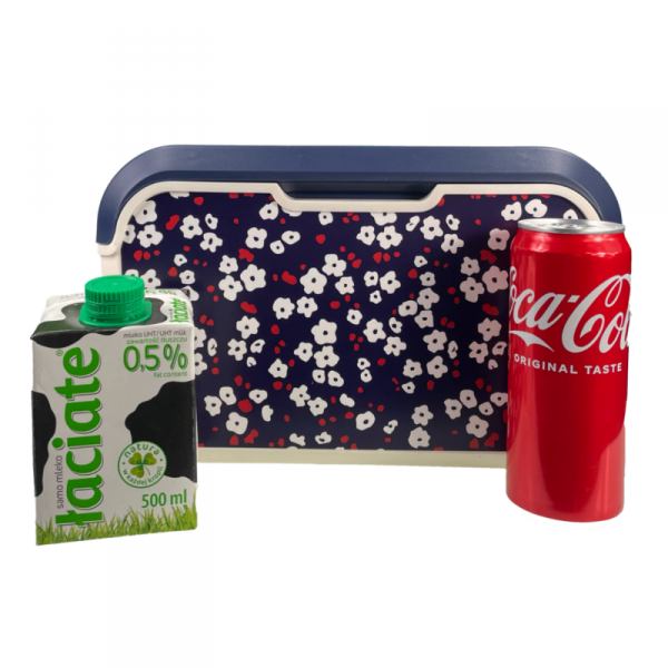 Mini lodówka turystyczna 5L KAMAI EDA wzór kwiat wiśni, lunchox na wkłady mrożące -  waniliowy korpus, czerwona rączka, błękitna