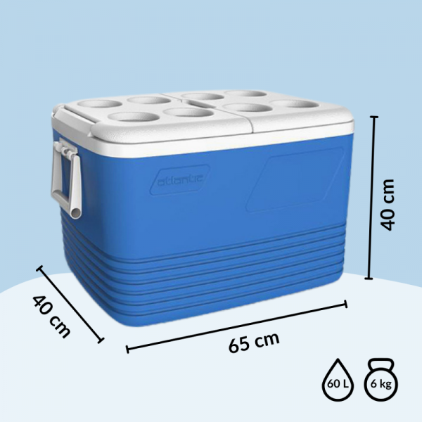 Lodówka turystyczna 60L Kamai Coolbox na wkłady mrożące, niebieska z miejscem na butelki na pokrywie