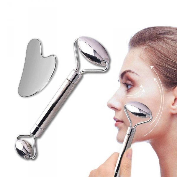Metalowy zestaw do masażu Face roller i Gua Sha inSPORTline Comesta Set