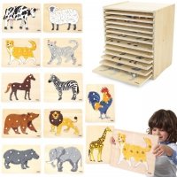 VIGA Zestaw Puzzle Drewniane 12 Układanek Zwierzątka Montessori + Stojak 