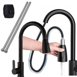 BATERIA KUCHENNA CZARNA MATOWA WYSOKA OBROTOWA Z WYCIĄGANĄ WYLEWKĄ PREMIUM  (tds0736)