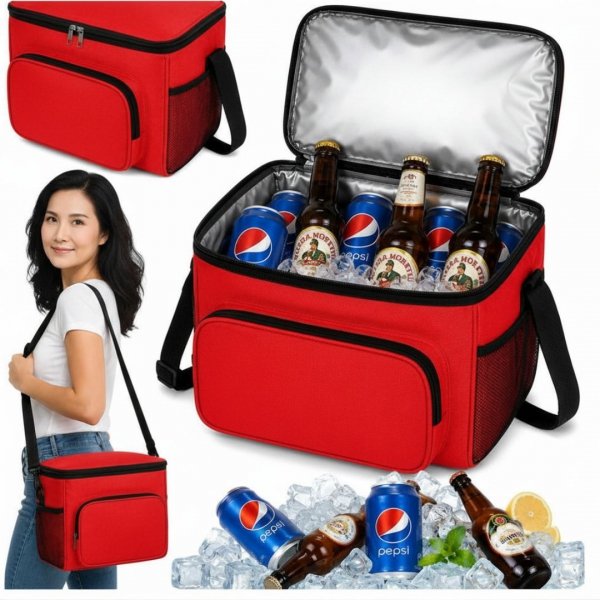TORBA TERMICZNA NA RAMIĘ DO PRACY SZKOŁY PODRÓŻY COOLER Z KIESZENIAMI RED ( tds0928)