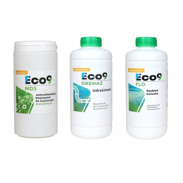 Eco9 Zestaw do oczyszczalni drenażowej - Bakterie, Udrażnianie, Rozkład kożucha