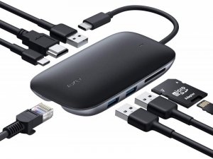 AUKEY CB-C71 aluminiowy HUB USB-C | 8w1 | RJ45 Ethernet 10/100/1000Mbps | 3xUSB 3.1 | HDMI 4k@30Hz | SD i microSD | USB-C Power 