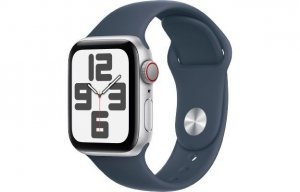 Apple Watch SE GPS + Cellular, 40mm Koperta z aluminium w kolorze srebrnym z paskiem sportowym w kolorze sztormowego błękitu - S