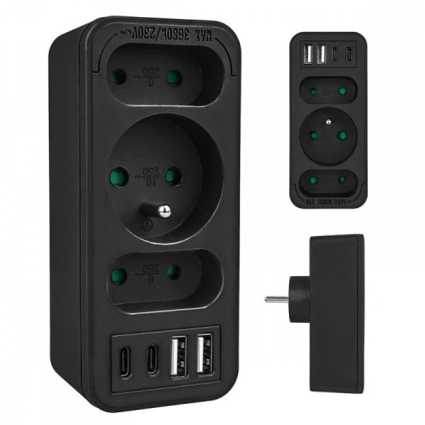 Maclean Rozdzielacz na 3 gniazdka MCE248 F/B 2xUSB-A 2xUSB-C czarny