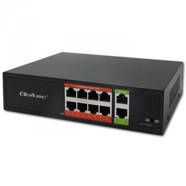 Qoltec Przełącznik sieciowy SWITCH FAST Ethernet PoE | 8x RJ45 |  2x RJ45 Uplink | 120W | 10/100 Mb/s