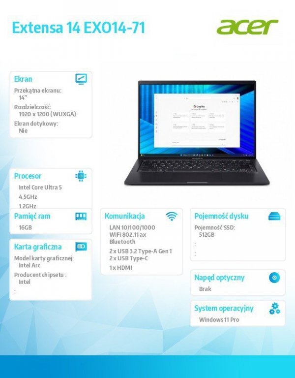 Acer Notebook Extensa 14 EXO14-71 Ultra5 125H 16GB/512GB/W11PRO , 3 Years On Site