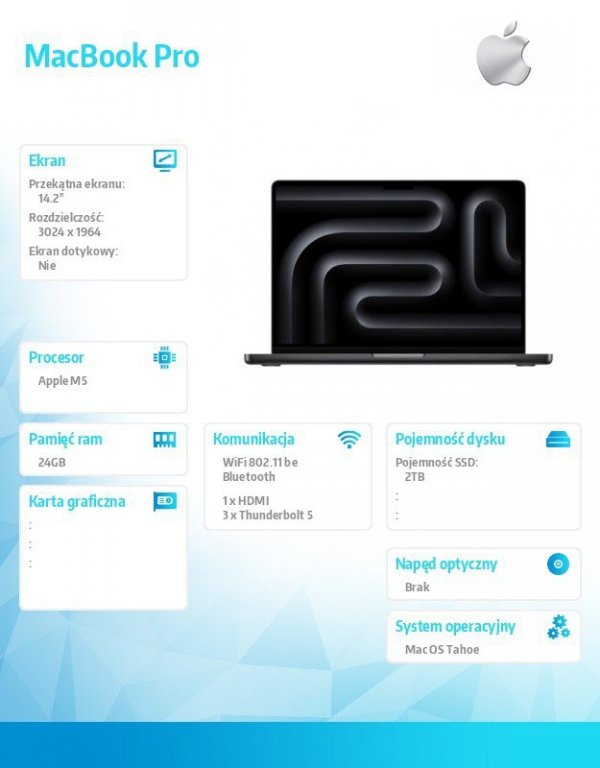Apple MacBook Pro 14.2 cala: M5 Pro 15/16, 24GB, 2TB SSD, bez zasilacza, US - Gwiezdna czerń
