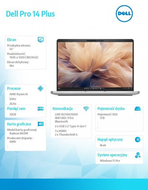 Dell Laptop Dell Pro 14 Plus PB14255 W11P Ryzen AI 7 PRO 350/32GB/1TB/FgrPr&SmtCd,RJ-45/IRCam&Mic/WLANonly+BT/14.0 FHD+ 400nit/8