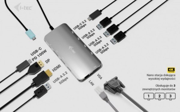i-tec Stacja dokująca USB-C Meatl Nano 3x Display DP HDMI Power Delivery 100 W