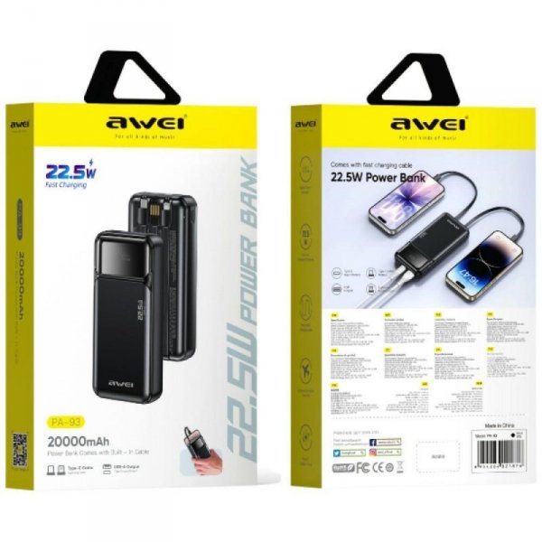 AWEI Powerbank PA-93 22,5W PD 20000mAh kable wbudowane