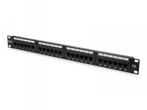 Digitus Patch panel 19&quot; 24 porty, kat.6, U/UTP, 1U, wspornik kablowy, czarny (kompletny)