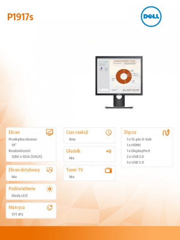 Dell Monitor P1917S 19 cali IPS LED SXGA 1280x1024 /5:4/HDMI(1.4)/DP(1.2)/VGA/2xUSB 2.0/3xUSB 3.0/3Y PPG