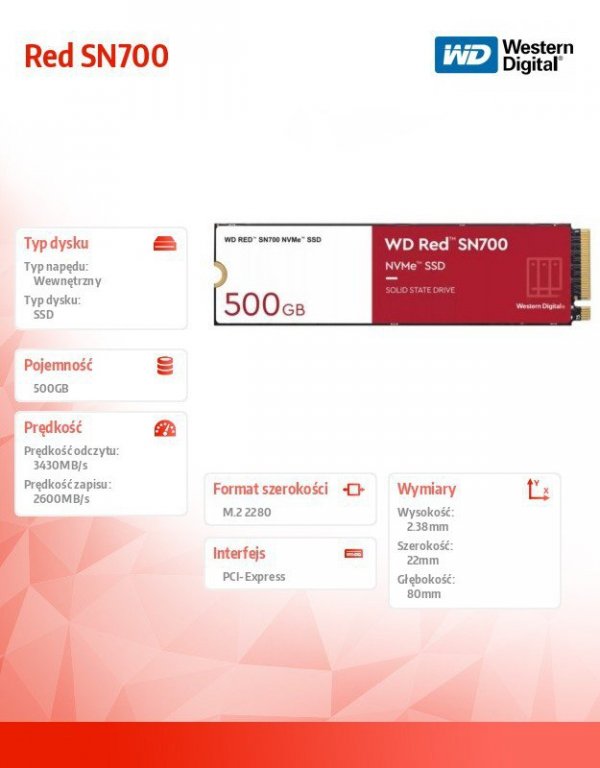 Western Digital Dysk SSD Red  500GB SN700 2280 NVMe M.2 PCIe