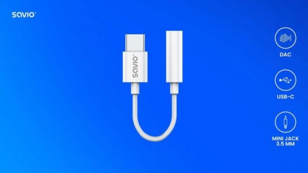 Savio Adapter USB-C - Mini Jack 3,5mm, Xiaomi, Huawei, Oppo,  AK-51