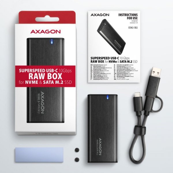 AXAGON EEM2-SB2 Obudowa zewnętrzna aluminiowa bezśrubowa USB-C 3.2 Gen 2 - M.2 NVMe / SATA SSD 30-80mm ALU pudełko czarne + USB-