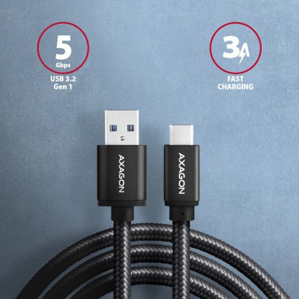AXAGON BUCM3-AM10AB Kabel USB-C - USB-A 3.2 Gen 1, 1m, 3A, ALU, oplot, Czarny