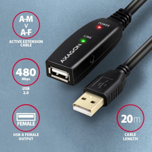 AXAGON ADR-220 USB 2.0 A-M -&gt; A-F aktywny kabel przedłużacz/wzmacniacz 20m
