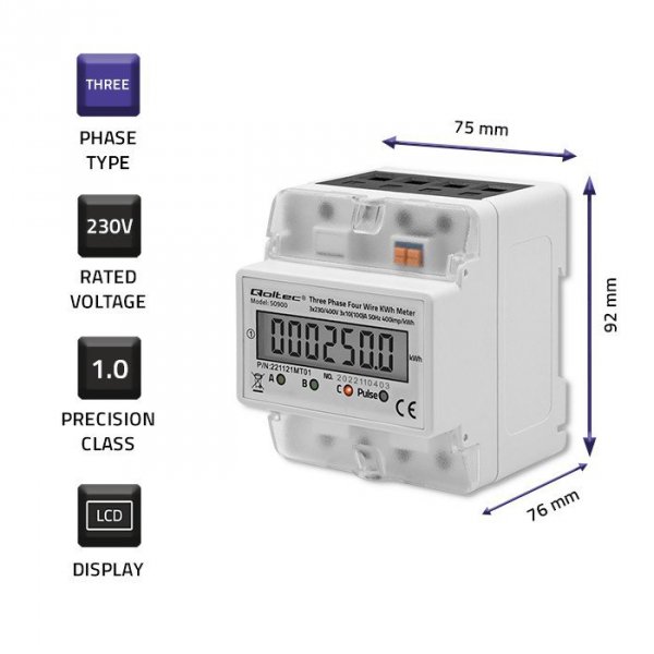 Qoltec Trójfazowy elektroniczny licznik | miernik zużycia energii na szynę DIN | 400V | LCD | 4P