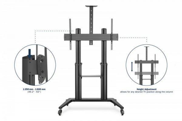 Digitus Stojak mobilny pojedynczy z półką i uchwytem na kamerę, 1xLCD max. 120&quot; max. 140kg, VESA max. 1000x600