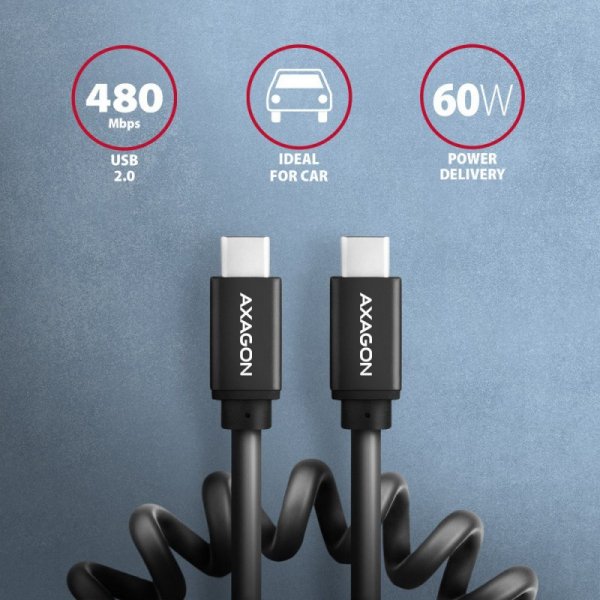 AXAGON BUCM-CM20TB Kabel Twister USB-C - USB-C, 1.1m USB2.0 3A ALU, czarny
