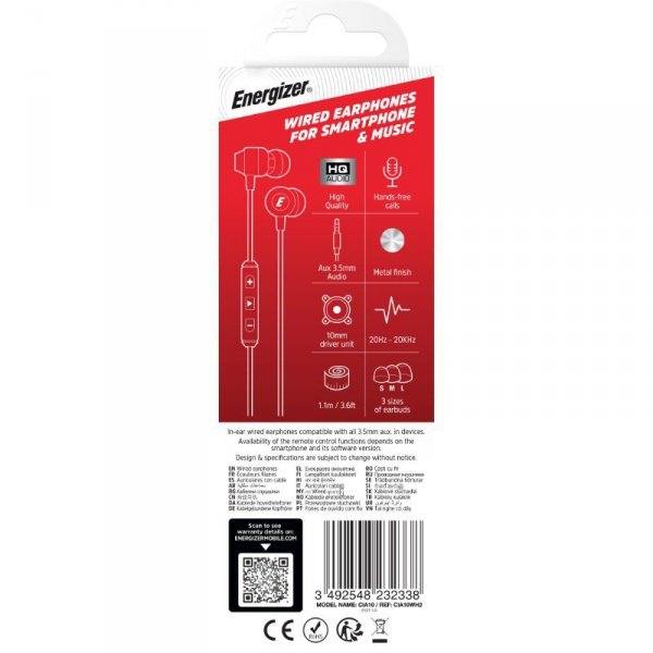 Energizer Słuchawki przewodowe jack 3,5 mm białe