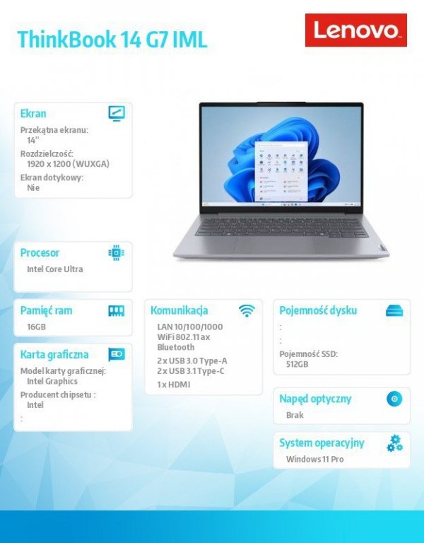 Lenovo Notebook ThinkBook 14 G7 21MR008KPB W11Pro Ultra 5 125U/16GB/512GB/INT/14.0 WUXGA/Arctic Grey/3YRS OS + CO2 Offset