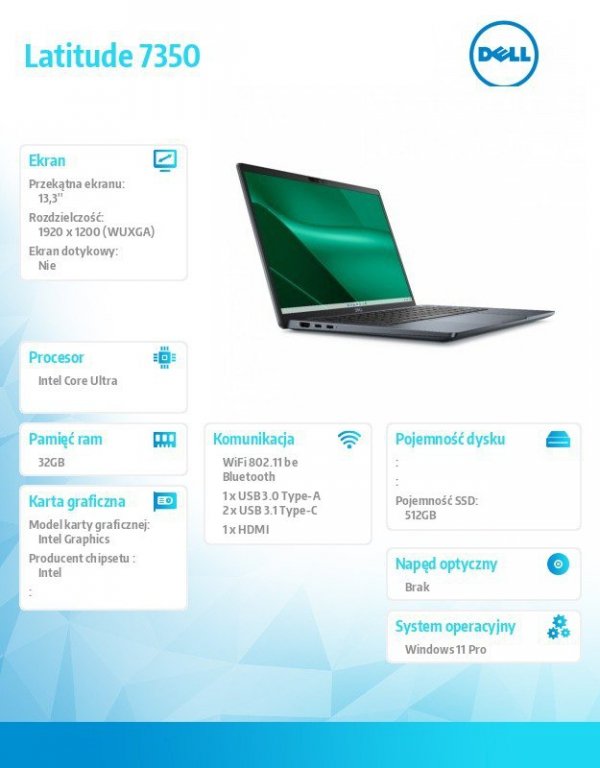 Dell Notebook Latitude 7350 Win11Pro Ultra 7 165U/32GB/512GB SSD Gen4/13.3&#039; FHD+/Int/FgrPr/IR Cam/Mic/WLAN+BT/Backlit Kb/3C