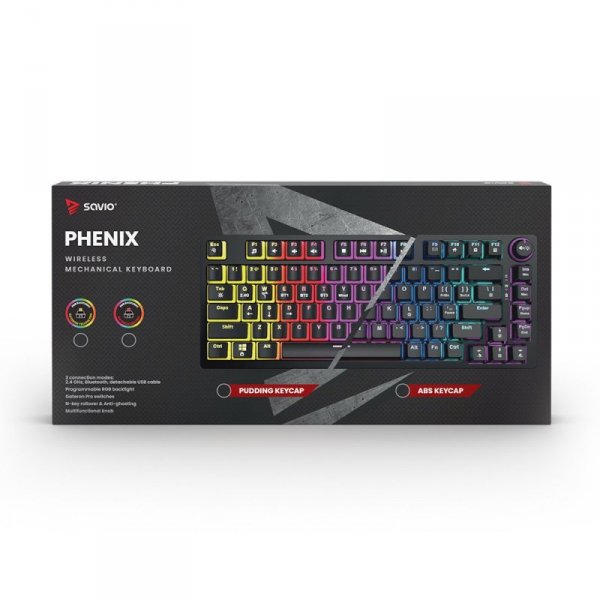 Savio Klawiatura mechaniczna bezprzewodowa PHENIX, Gateron Red Pro, Pudding