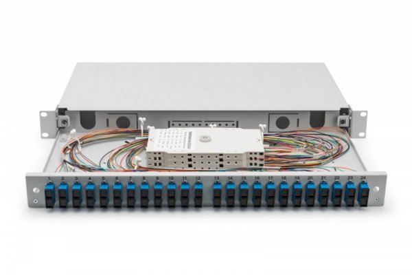 Digitus Przełącznica światłowodowa/panel krosowy z wyposażeniem 19 cali 1U, 24x SC duplex, OS2, pigtaile, adaptery, tacki, wysuw