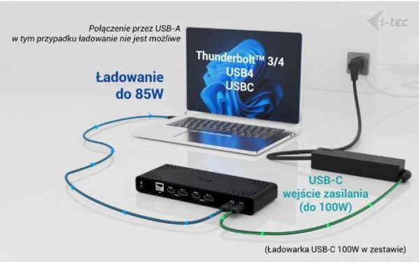 i-tec Stacja dokująca Universal Dual 4K Display Power Delivery 85W + i-tec USB-C Charger 100W