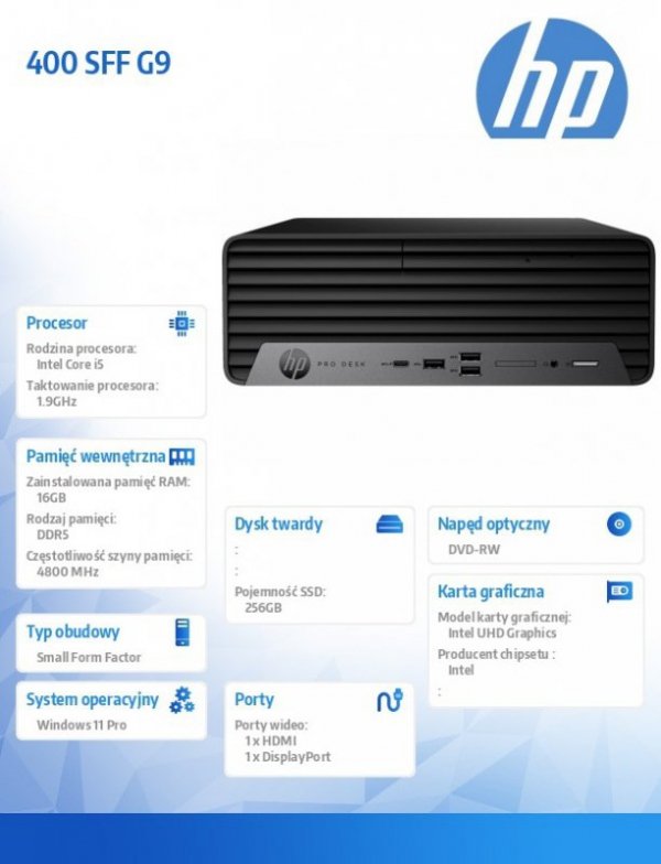 HP Inc. Komputer 400SFF G9 i5-14500 256GB/16GB/DVD/W11P  AC8Y4ES
