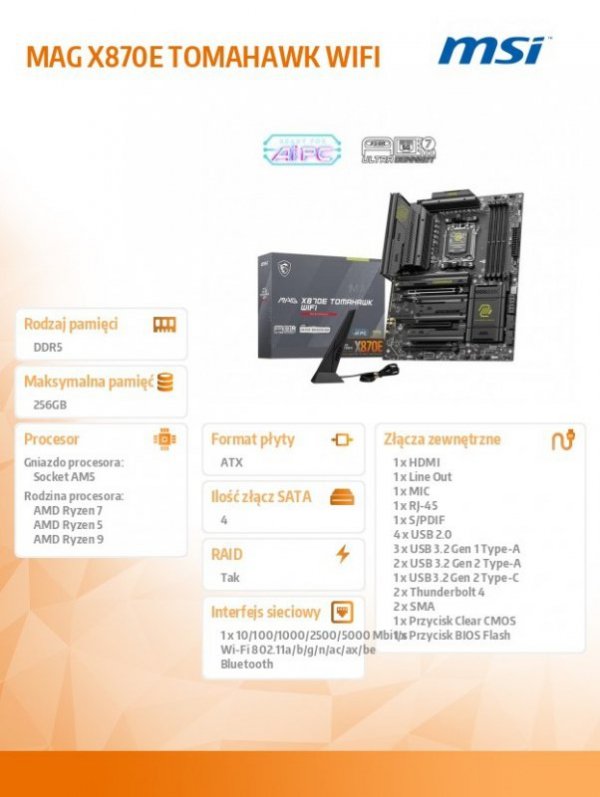 MSI Płyta główna MAG X870E TOMAHAWK WIFI AM5 4DDR5 ATX