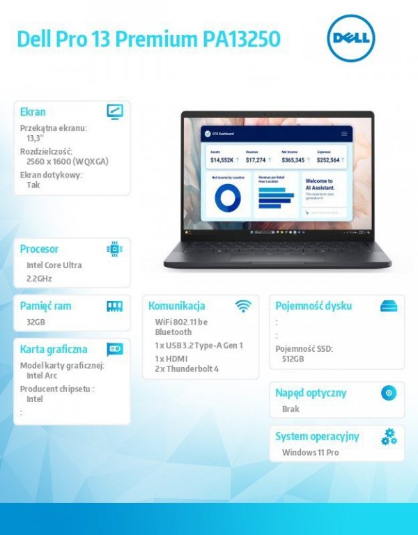 Dell Laptop Dell Pro 13 Premium PA13250/Ultra 7 268V/32GB/512GB SSD Gen4/13.3 QHD+ Touch/Arc/FgrPr/Cams&Mic/WLAN+BT/Bck Kb/3C/vP