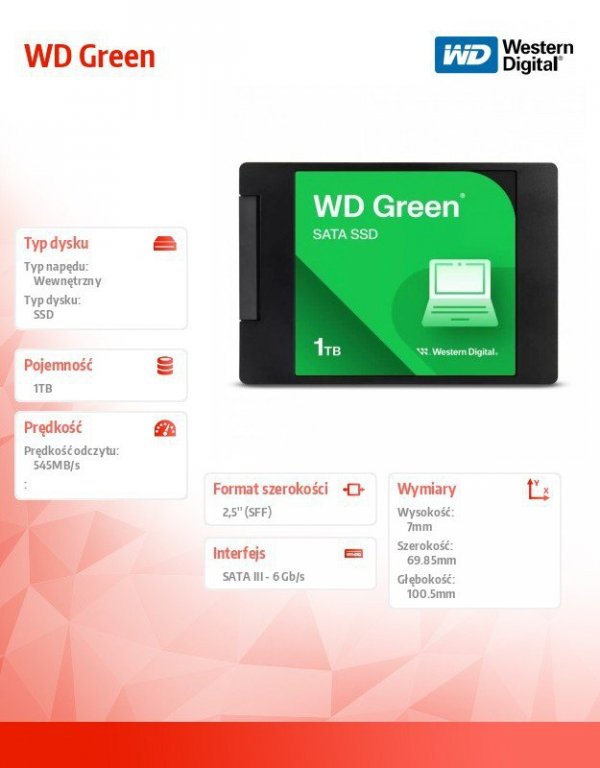 Western Digital Dysk SSD Green 1TB SATA 2.5 cala WDS100T3G0A