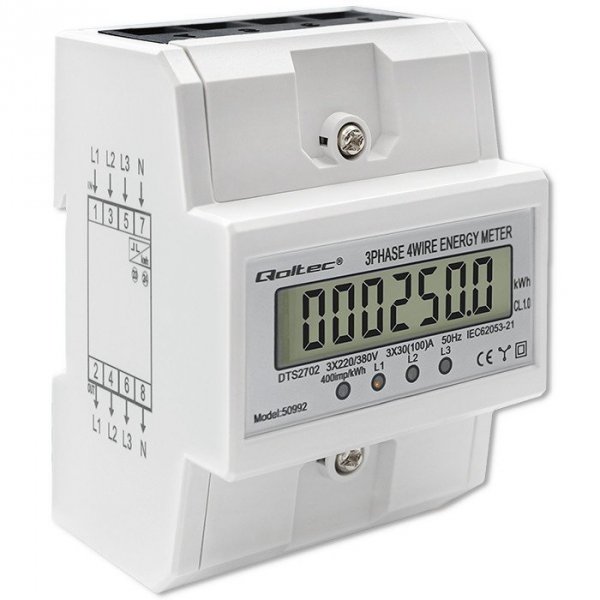 Qoltec Trójfazowy elektroniczny licznik | miernik zużycia energii na szynę DIN | 400V | 100A | LCD | 4P