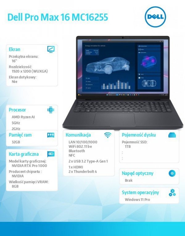 Dell Stacja robocza Dell Pro Max 16 MC16255 W11P AMD Ryzen 350|32GB|1TB|RTX PRO 1000Blackwell 8GB|FgrPr&SmtCdFHD Cam&Mic|WLAN+BT