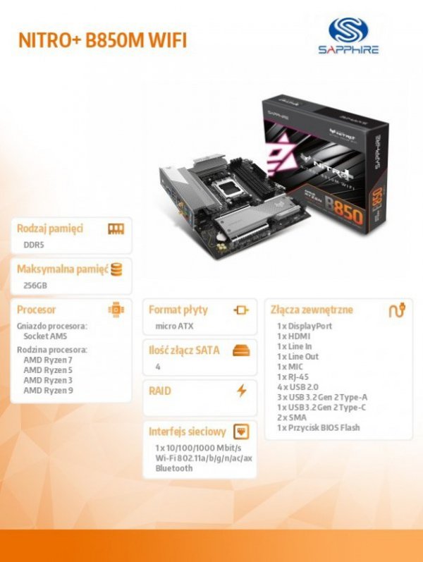 Sapphire Technology Płyta główna NITRO+ B850M WIFI AM5 4DDR5 mATX