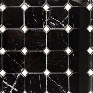 Mozaika z marmuru Black Silk + kostka Bianco Neve, octagon, poler