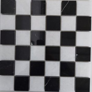 Mozaika z kamienia naturalnego Marmuru Black Silk & Bianco Neve   szachownica