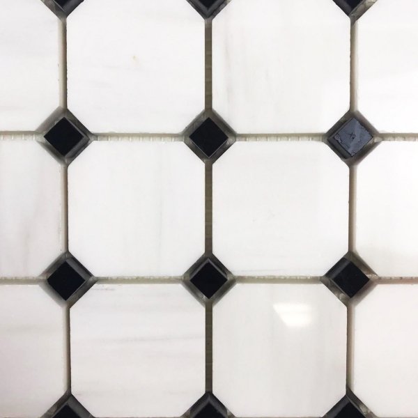 Marmur Glacier White &amp; Black Silk Mozaika Octagon