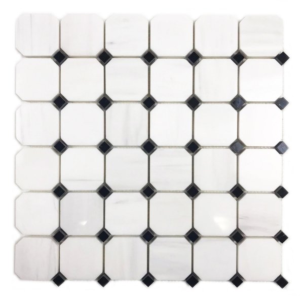 Marmur Glacier White &amp; Black Silk Mozaika Octagon