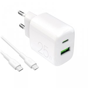 Ładowarka sieciowa USB-A USB-C z kablem USB-C 25W 1.2m - biała