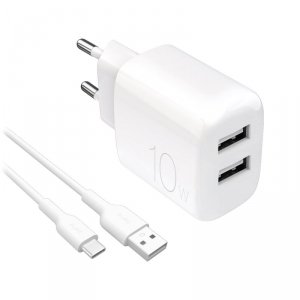 Ładowarka sieciowa 2x USB-A PROLITE 10W z kablem USB-A - USB-C 1.2m - biała