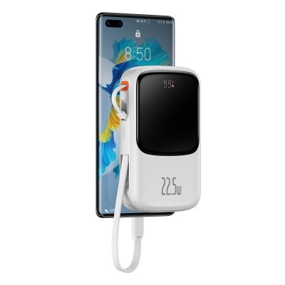 Qpow powerbank 10000mAh wbudowany kabel USB Typu C 22.5W Quick Charge  biały