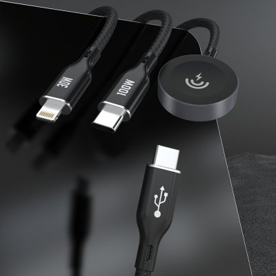 3w1 Kabel przewód USB-C - USB-C / iPhone Lightning / ładowarka do Apple Watch PD 100W 1.2m - czarny