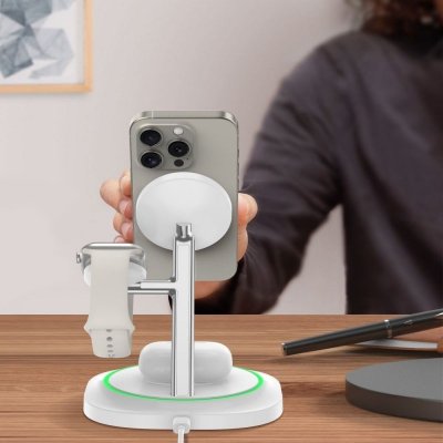 Ładowarka indukcyjna 3w1 do smartfona smartwatcha słuchawek Magnetic MagSafe - biała