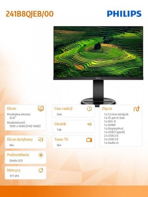 PHILIPS MONITOR 23.8 241B8QJEB IPS DVI HDMI DP PIVOT