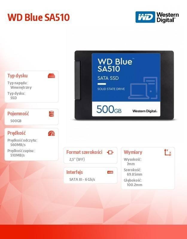 WESTERN DIGITAL DYSK SSD WD BLUE 500GB SA510 2,5 CALA WDS500G3B0A